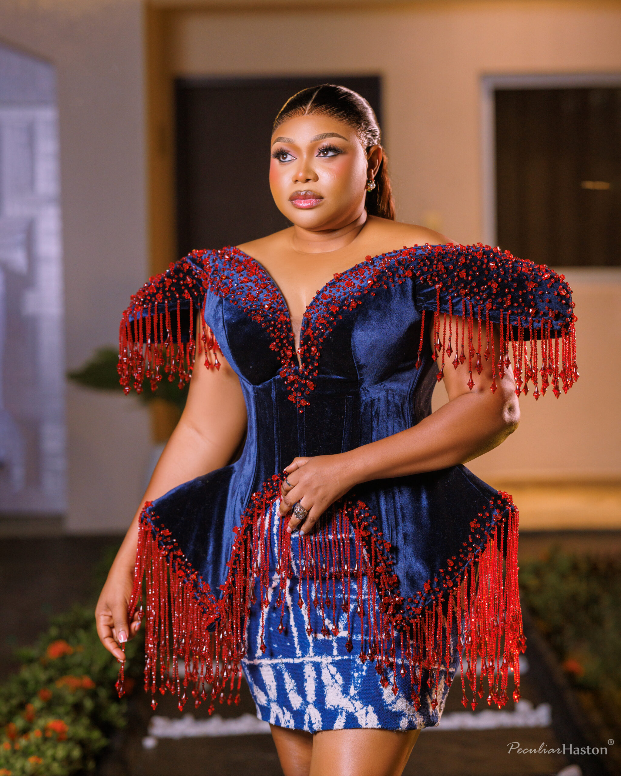 Luxury Velvet Peplum Dress with Red Crystal Fringe