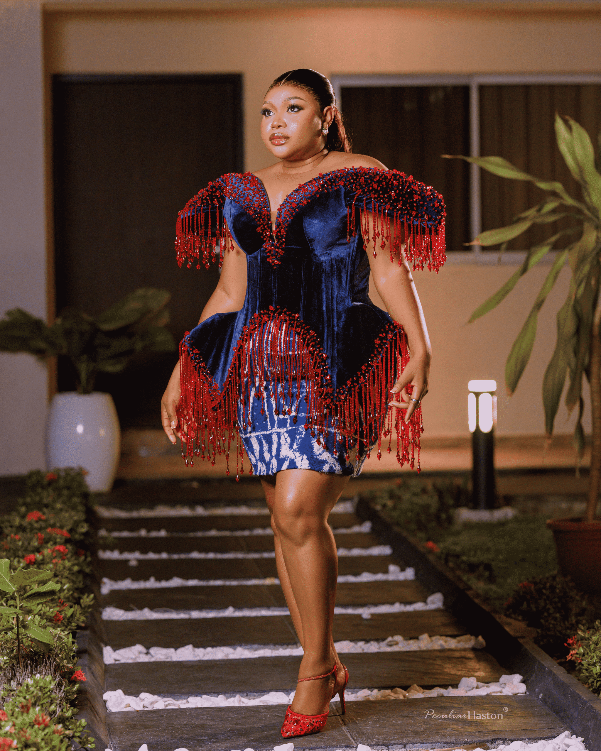Luxury Velvet Peplum Dress with Red Crystal Fringe - Image 3