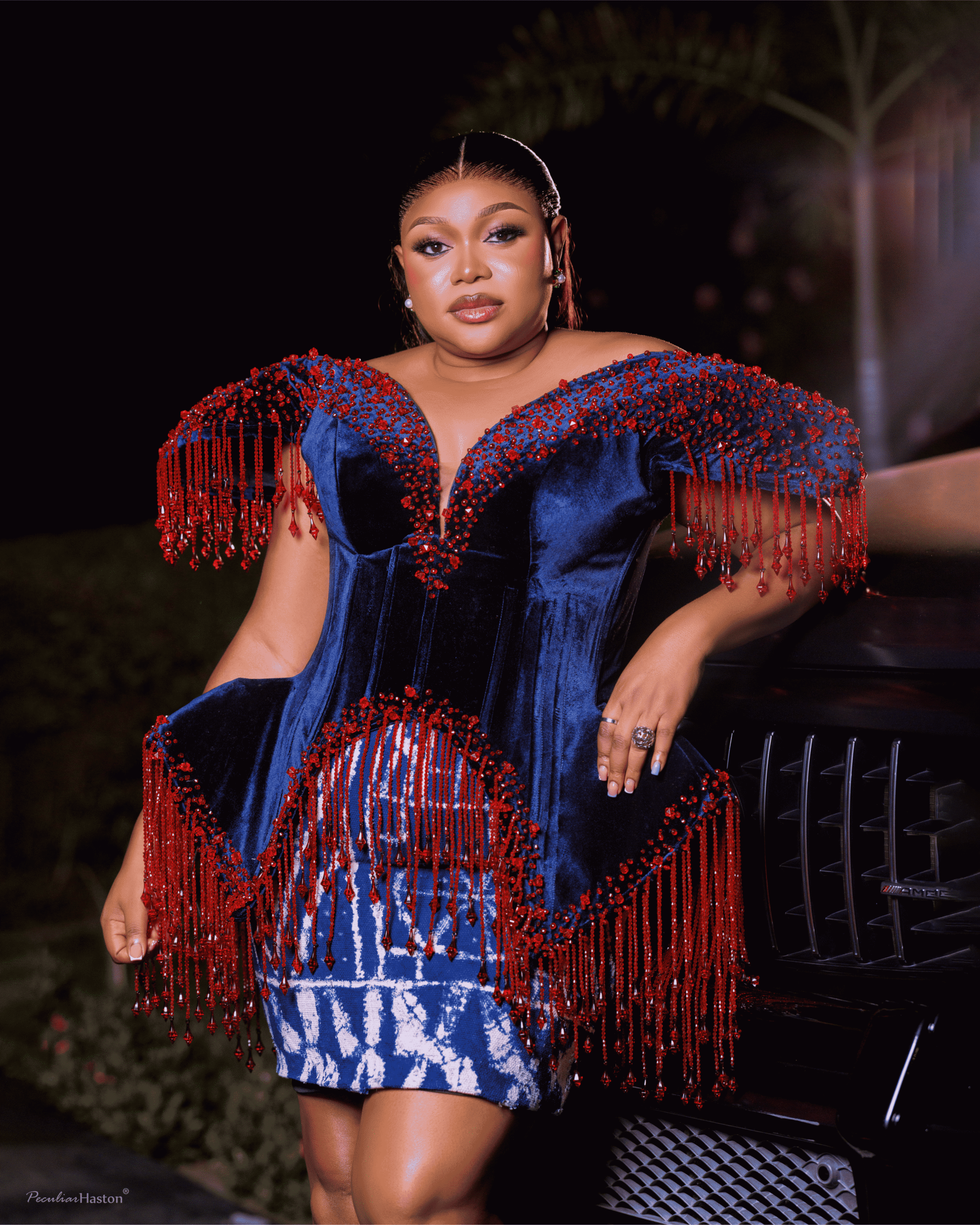 Luxury Velvet Peplum Dress with Red Crystal Fringe - Image 2
