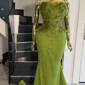 Olive Crystal Mermaid Evening Gown